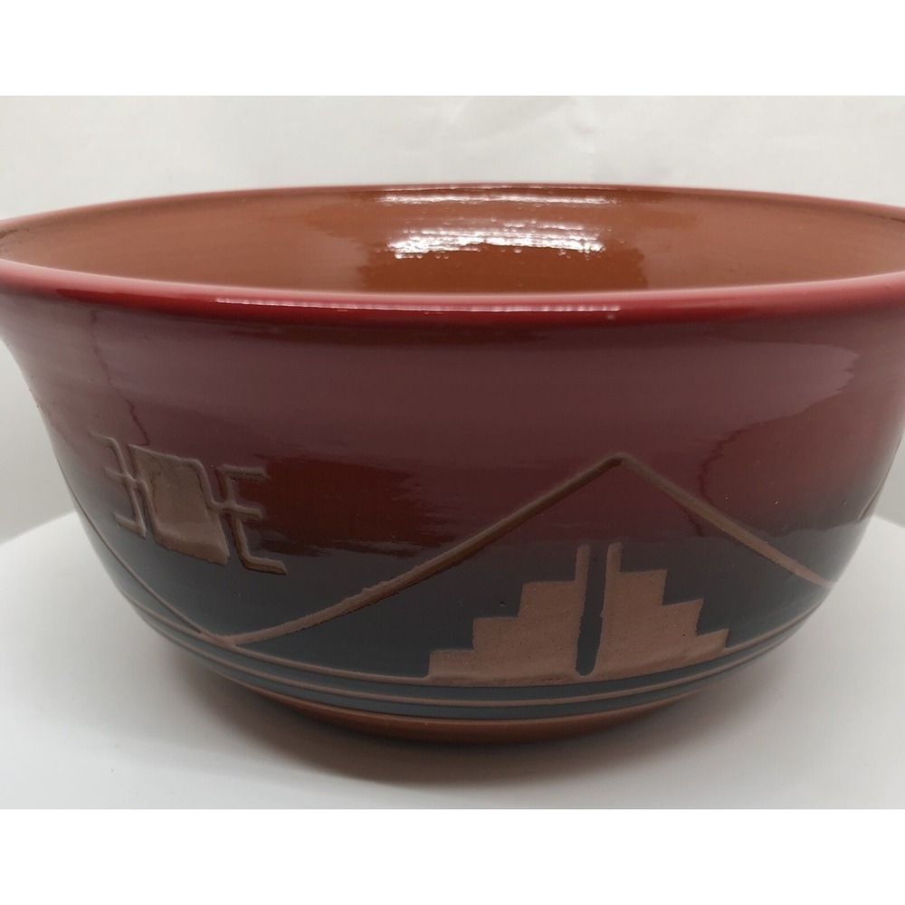 Original Art Pottery Native American Traditional Symbols Bowl Artisan Signed Red - Picture 12 of 16
